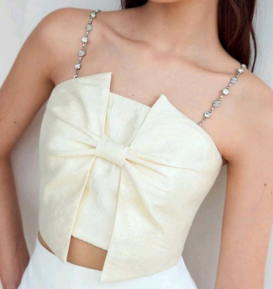 BOW DECOR RHINESTONE STRAP BLOUSE - Picture 1 of 4